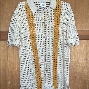BDG Cream Crochet Open-Knit Button Front Top with Yellow Accent